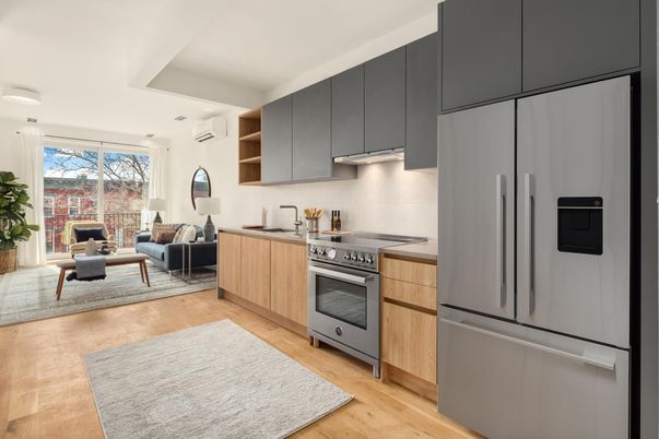 Interior, Kitchen, Living room, Stainless Steel Appliances, Wood Texture Flooring