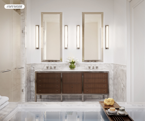 Bathroom, Dual Sink Vanities, Glass Shower, Interior, Marble, Marble Walls