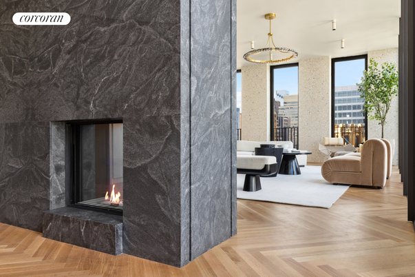 Dining room, Fireplace, Interior, Living room, Pendant Lights, Wood Texture Flooring