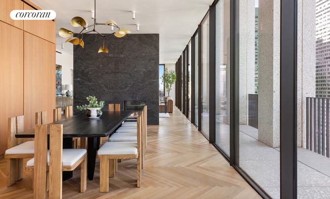 Dining room, Fireplace, Interior, Pendant Lights, Wood Texture Flooring