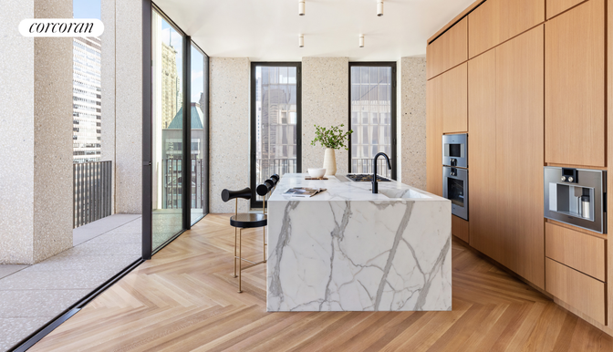 Interior, Kitchen, Marble Walls, Wood Texture Flooring
