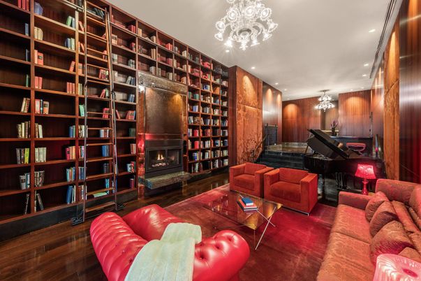 Chandelier, Fireplace, Interior, Living room, Piano, Recessed Lighting, Wood Texture Flooring, Wooden Walls