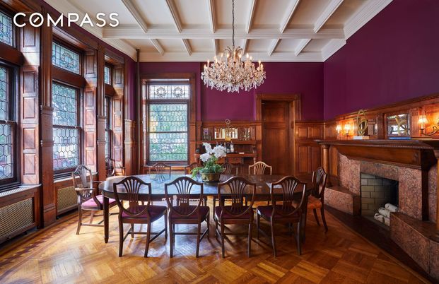Chandelier, Dining room, Fireplace, Interior, Wood Texture Flooring