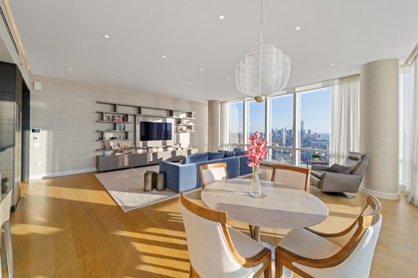 Dining room, Interior, Living room, Pendant Lights, Recessed Lighting, Wood Texture Flooring