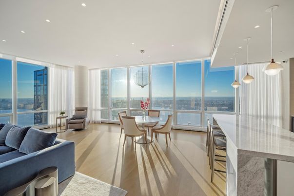 Dining room, Interior, Living room, Pendant Lights, Recessed Lighting, Water, Wood Texture Flooring