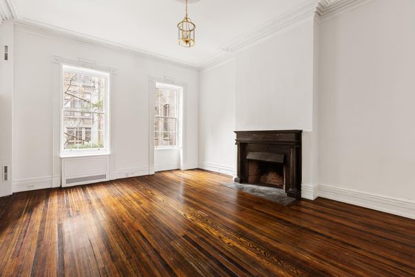 Empty room, Fireplace, Interior, Pendant Lights, Wood Texture Flooring