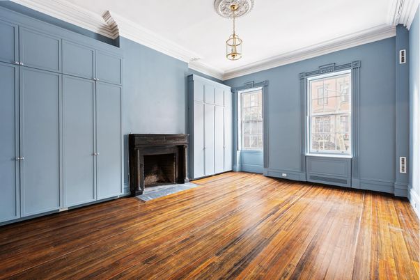 Empty room, Fireplace, Interior, Pendant Lights, Wood Texture Flooring
