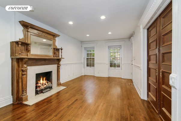 Empty room, Fireplace, Interior, Recessed Lighting, Wood Texture Flooring