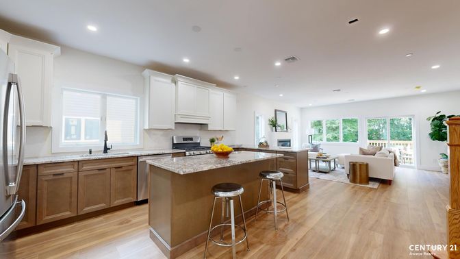 Interior, Kitchen, Living room, Recessed Lighting, Stainless Steel Appliances, Wood Texture Flooring