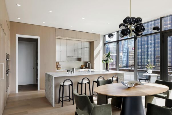 Dining room, Interior, Kitchen, Pendant Lights, Recessed Lighting, Wood Texture Flooring