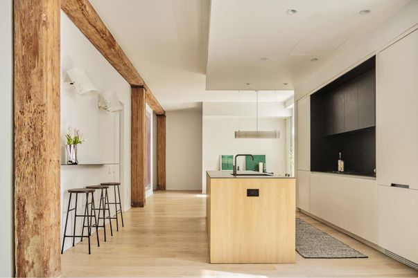 Interior, Kitchen, Pendant Lights, Recessed Lighting, Wood Texture Flooring