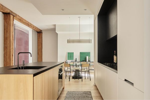 Dining room, Interior, Pendant Lights, Recessed Lighting, Wood Texture Flooring