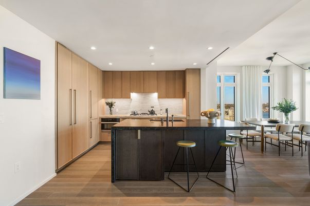 Dining room, Interior, Kitchen, Recessed Lighting, Stainless Steel Appliances, Wood Texture Flooring