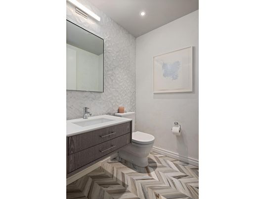 Bathroom, Dual Sink Vanities, Interior, Recessed Lighting, Wood Texture Flooring