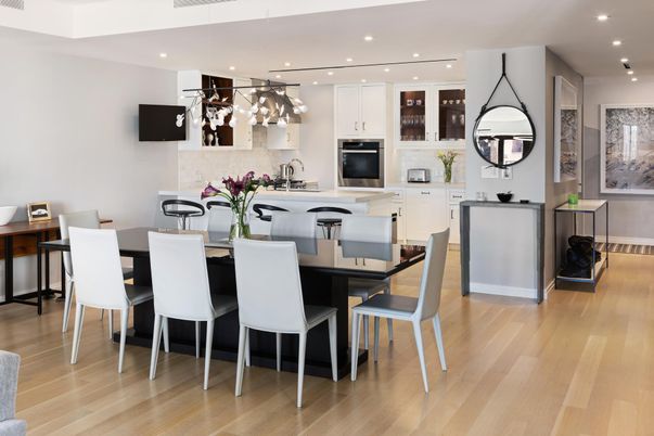 Dining room, Interior, Kitchen, Pendant Lights, Recessed Lighting, Wood Texture Flooring