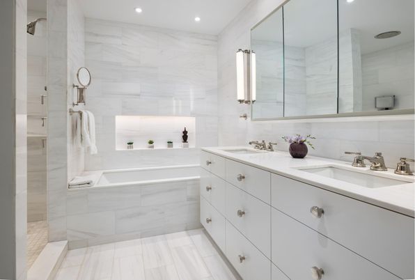Bathroom, Dual Sink Vanities, Glass Shower, Interior, Marble, Marble Walls, Recessed Lighting