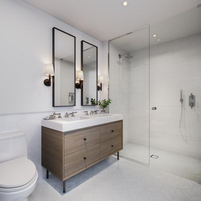 Bathroom, Dual Sink Vanities, Glass Shower, Interior, Recessed Lighting