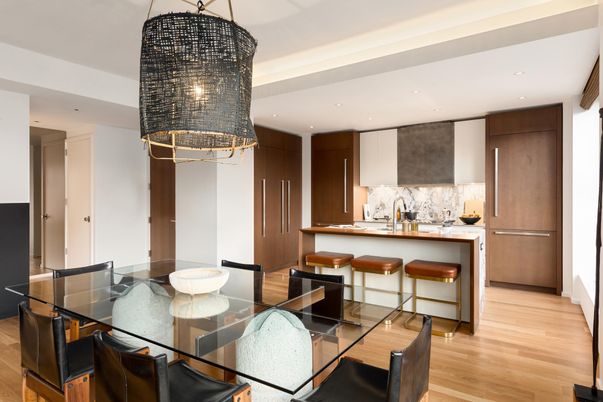 Dining room, Interior, Kitchen, Pendant Lights, Recessed Lighting, Wood Texture Flooring