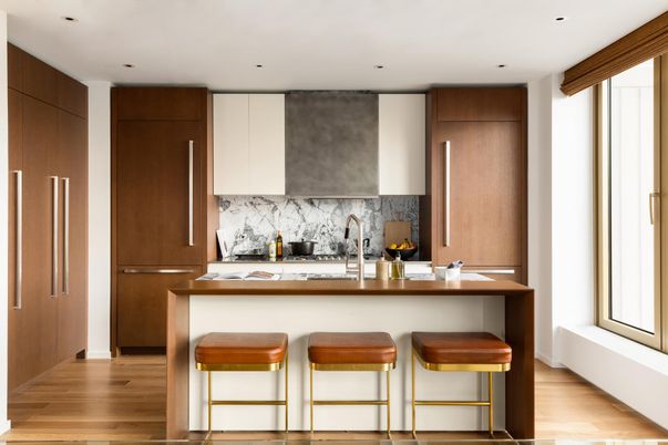 Interior, Kitchen, Marble Walls, Recessed Lighting, Wood Texture Flooring