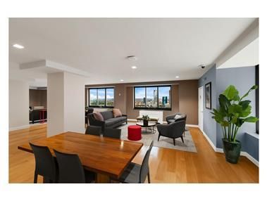 Dining room, Interior, Living room, Recessed Lighting, Wood Texture Flooring