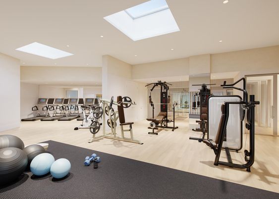 Fitness Equipment, Gym, Interior, Recessed Lighting, Wood Texture Flooring