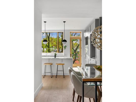 Dining room, Interior, Pendant Lights, Wood Texture Flooring