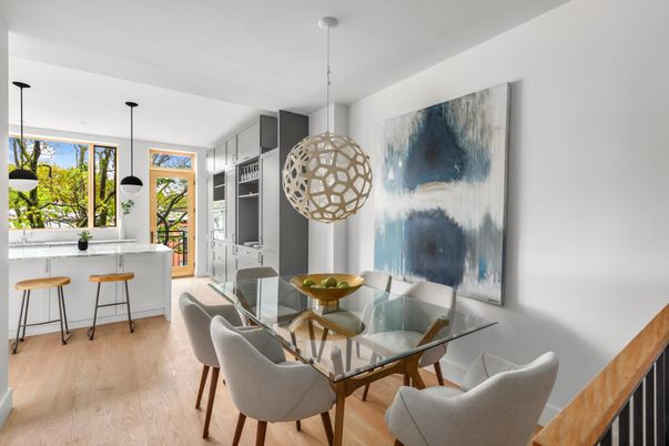 Dining room, Interior, Kitchen, Pendant Lights, Wood Texture Flooring