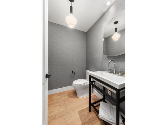 Bathroom, Interior, Pendant Lights, Recessed Lighting, Wood Texture Flooring