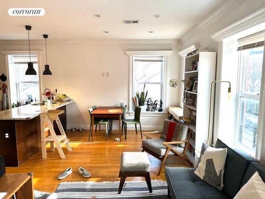 Dining room, Interior, Living room, Pendant Lights, Recessed Lighting, Wood Texture Flooring