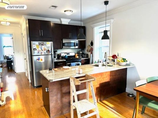 Interior, Kitchen, Pendant Lights, Stainless Steel Appliances, Wood Texture Flooring