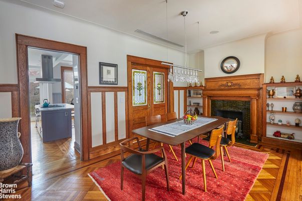 Dining room, Fireplace, Interior, Pendant Lights, Wood Texture Flooring