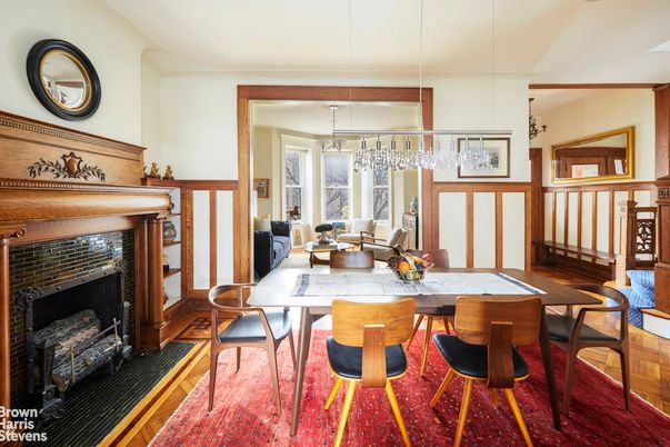 Dining room, Fireplace, Interior, Pendant Lights, Wood Texture Flooring