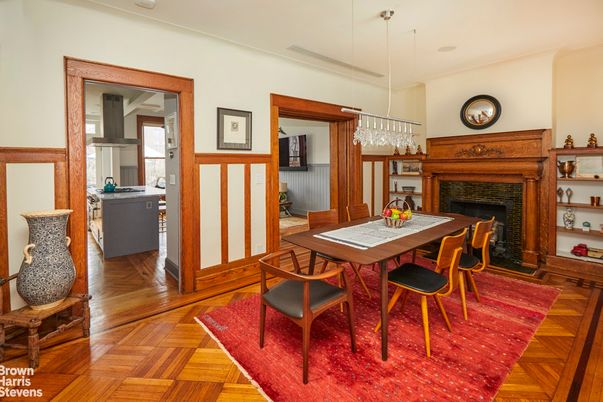 Dining room, Fireplace, Interior, Pendant Lights, Wood Texture Flooring