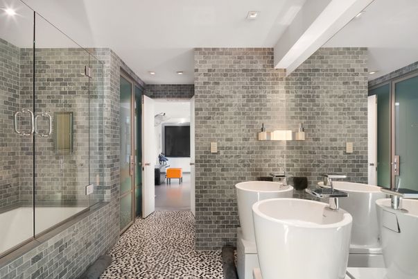 Bathroom, Dual Sink Vanities, Free Standing Baths, Glass Shower, Interior, Recessed Lighting, Stone Walls