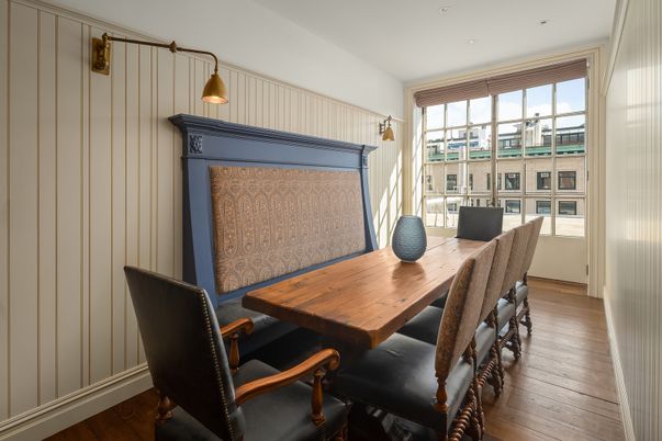 Dining room, Interior, Recessed Lighting, Wood Texture Flooring