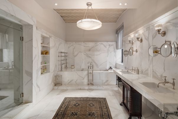 Bathroom, Dual Sink Vanities, Glass Shower, Interior, Marble, Marble Walls, Recessed Lighting