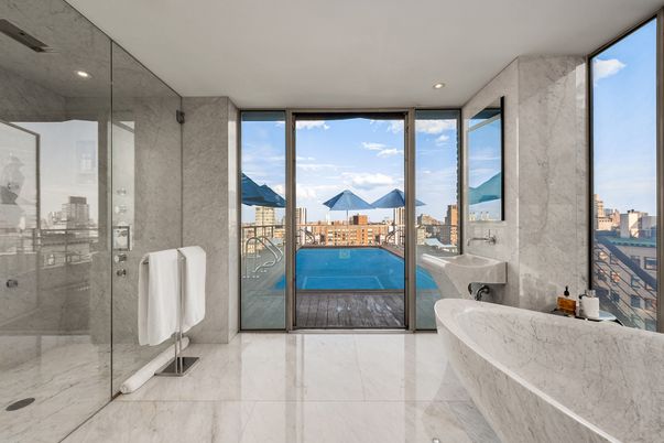 Bathroom, Glass Shower, Interior, Marble, Marble Walls, Recessed Lighting