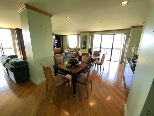 Dining room, Interior, Recessed Lighting, Wood Texture Flooring