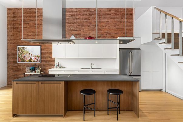 Interior, Kitchen, Pendant Lights, Stainless Steel Appliances, Stone Walls, Wood Texture Flooring