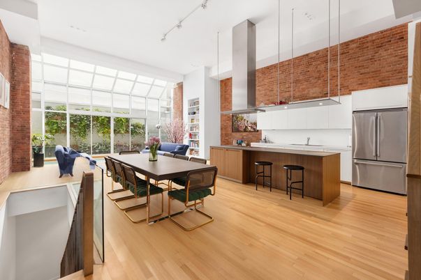 Dining room, Interior, Kitchen, Pendant Lights, Recessed Lighting, Stainless Steel Appliances, Wood Texture Flooring
