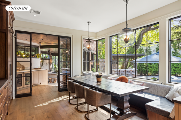 Dining room, Interior, Pendant Lights, Recessed Lighting, Wood Texture Flooring