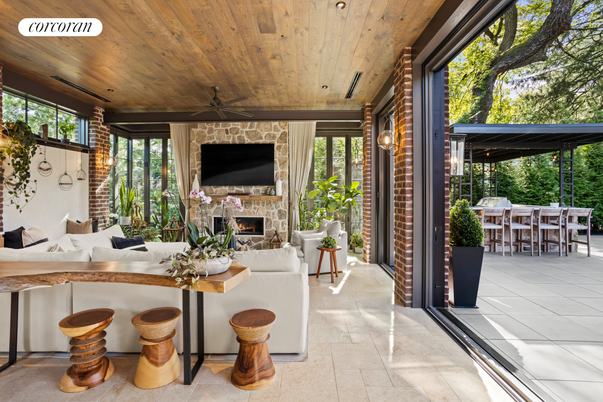 Dining room, Fireplace, Interior, Stone Walls, Wooden Ceilings