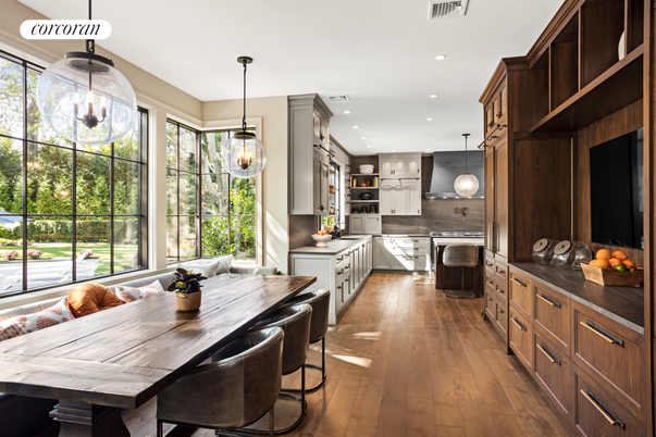 Dining room, Interior, Kitchen, Pendant Lights, Recessed Lighting, Stainless Steel Appliances, Wood Texture Flooring