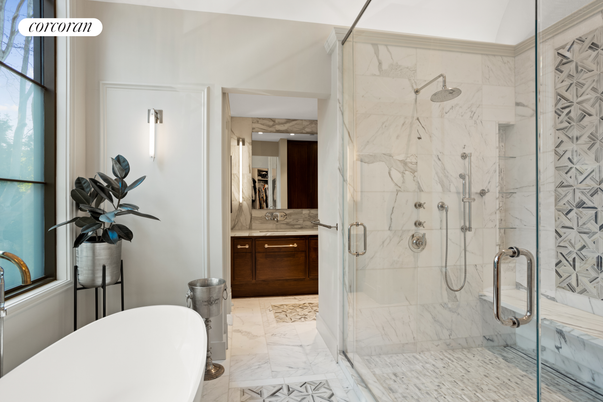 Bathroom, Free Standing Baths, Glass Shower, Interior, Marble, Marble Walls
