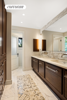 Bathroom, Dual Sink Vanities, Interior, Marble, Recessed Lighting