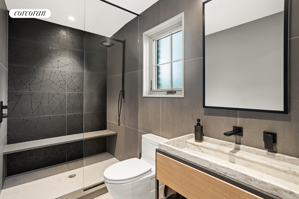 Bathroom, Glass Shower, Interior, Marble Walls, Recessed Lighting