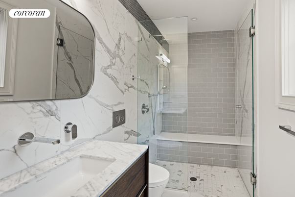 Bathroom, Glass Shower, Interior, Marble Walls, Recessed Lighting