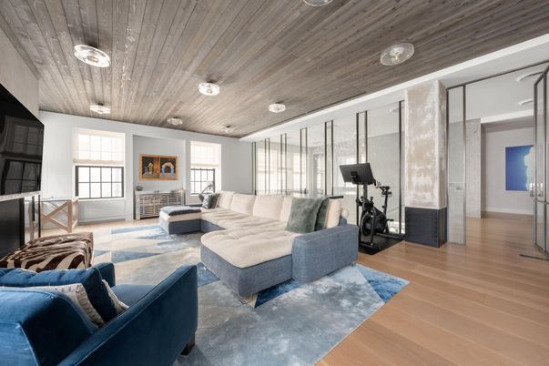Fitness Equipment, Interior, Living room, Recessed Lighting, Wooden Ceilings, Wood Texture Flooring