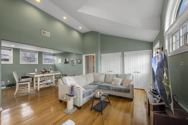 Dining room, Interior, Living room, Recessed Lighting, Wood Texture Flooring