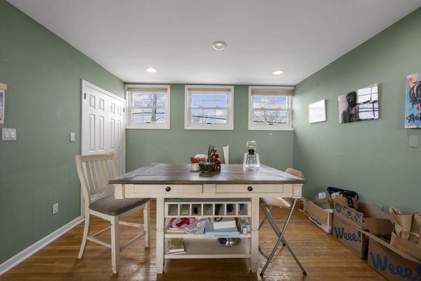 Dining room, Interior, Recessed Lighting, Wood Texture Flooring